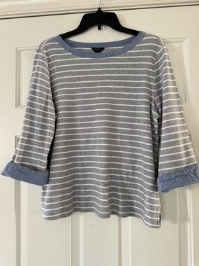 Nautica Gray & White Striped  boatneck Top with Blue Trim Women’s XL